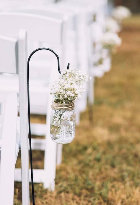 Wedding Aisle Decorations Outdoor Walkways Shepherds Hook, Wedding Aisle Hook Decorations, Hanging Mason Jars Wedding Aisle Decorations, Wedding Decorations Aisle Outdoor, Mason Jar Shepherd Hook Wedding, Wedding Isles Decoration Shepards Hook, Simple Isle Wedding Decor, Wedding Aisle Shepherd Hooks, September Wedding Aisle Decor