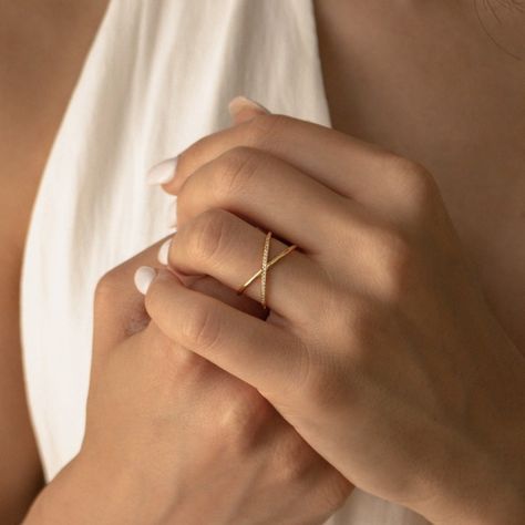 [PaidLink] Criss Cross Minimalist Pave X 925 Sterling Silver Yellow Gold Ring - Lajerrio Jewelry #goldminimalistjewelry Simple Ring Design, Double Band Ring, Gold Minimalist Jewelry, X Ring, Criss Cross Ring, Double Band Rings, Gold Rings Fashion, Gold Ring Designs, Pave Band