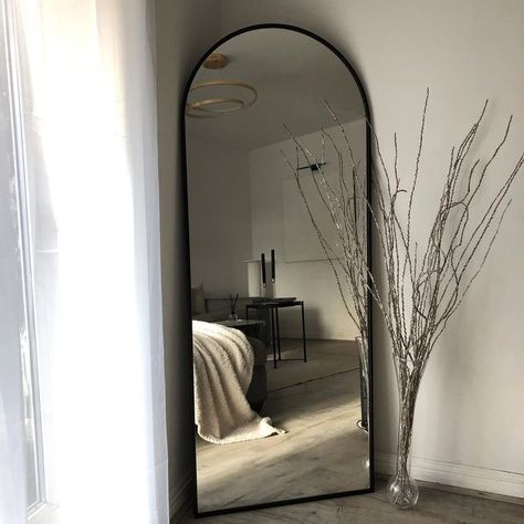 Long Mirror In Bedroom, Big Mirror In Bedroom, Large Black Mirror, Black Floor Mirror, Black Arch Mirror, Curved Mirror, Long Mirror, Mirror Room, Room Ideas Aesthetic