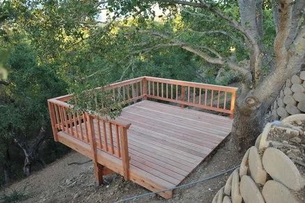 My First Deck- ConHart Redwood | LumberJocks Woodworking Forum Deck On Hillside, Hillside Deck, Building Deck, Tree Deck, Sloped Backyard, Wooden Deck, Deck Construction, Deck Designs Backyard, Deck Projects