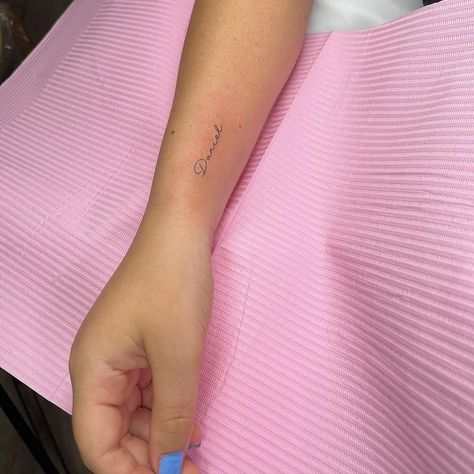 Fantastic Name Tattoo Tiny Name Tattoos For Women, Kid Names Tattoo Ideas, Wrist Tattoo Name, Arm Name Tattoos For Women, Wrist Name Tattoos For Women, Name Forearm Tattoo, Name On Wrist Tattoo, Husbands Name Tattoo Ideas, Wrist Name Tattoos