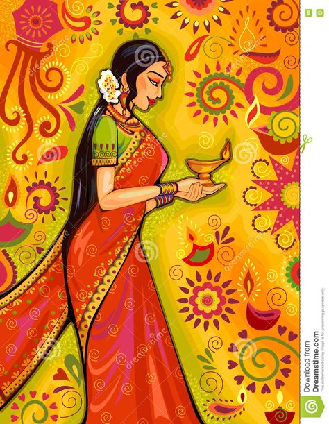 Indian Woman With Diya Decoration For Diwali Festival Celebration In India Stock Vector - Illustration of india, hindu: 78149955 India Women Painting, Festival Of India Painting, Painting On Diwali, Drawing For Diwali Festival, Indian Festival Painting, Diwali Illustration Art, Indian Rangoli Designs Festivals, Diwali Drawing Painting, Diwali Art Painting