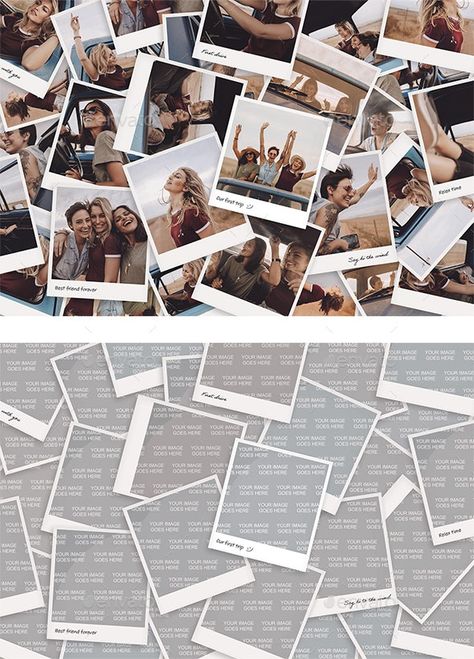 Polaroid Photo Collage Template - Product Mock-Ups Graphics Polaroid Collage Template, Photo Collage Graphic Design, Photo Collage Template Layout, Picture Collage Layout, Polaroid Graphic Design, Picture Background Ideas, Polaroid Layout, Photo Collage Layout, Polaroid Design