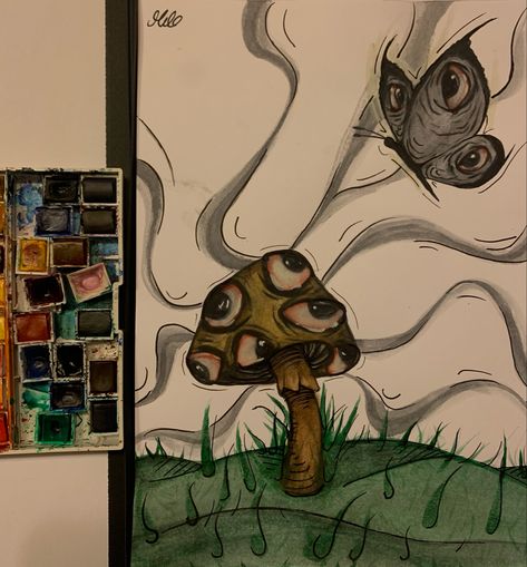 Grudge Paintings Aesthetic, Mushroom With Eyes Painting, Mushroom Surrealism Art, Butterfly On Mushroom Drawing, Mushroom Eye Painting, Butterfly With Eyes Drawing, Eye Surrealism Art, Eye Mushroom Art, Surreal Art Drawing Easy