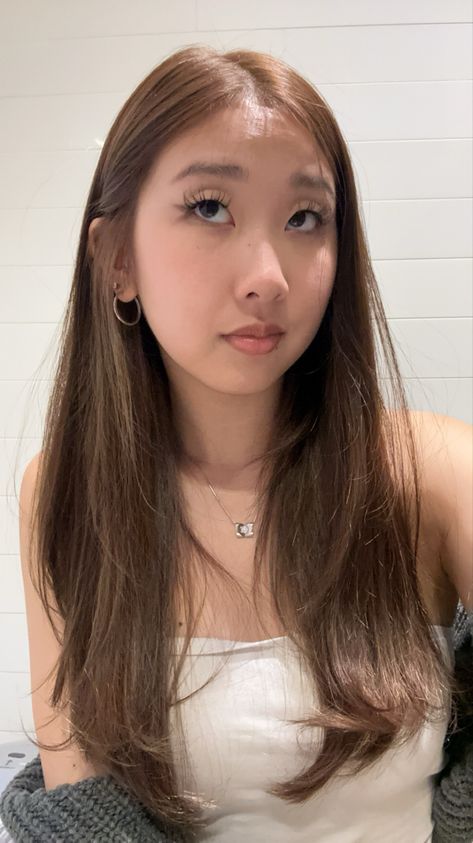 #haircolor  #brown #longhair Ash Brown On Tan Skin, Cool Tone Light Brown Hair Balayage, Honey Brown Asian Hair, Asian Light Hair, Asian Girl Hair Color, Brown Hair On Asian, Light Brown Hair No Highlights, Asian Light Brown Hair, Light Brown Hair Asian