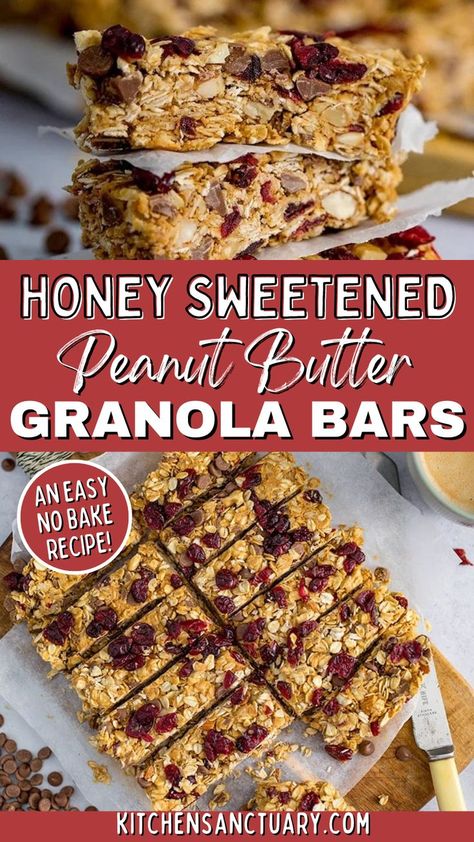 Honey Sweetened Peanut Butter Granola Bars are an easy no bake recipe with the perfect balance of sweet & crunchy. Packed with hearty oats, mixed nuts, chocolate chips, and dried cranberries, each bite is a wholesome delight. Easy to make and even easier to enjoy, these bars are ideal for snacking on the go or a quick pick-me-up. Indulge in goodness with every slice! Granola Bar Recipe Healthy, Bake Granola Bars, Peanut Butter Granola Bars, No Bake Granola, Breakfast Diet, No Bake Granola Bars, Honey Granola, Healthy Granola Bars, Keto Granola