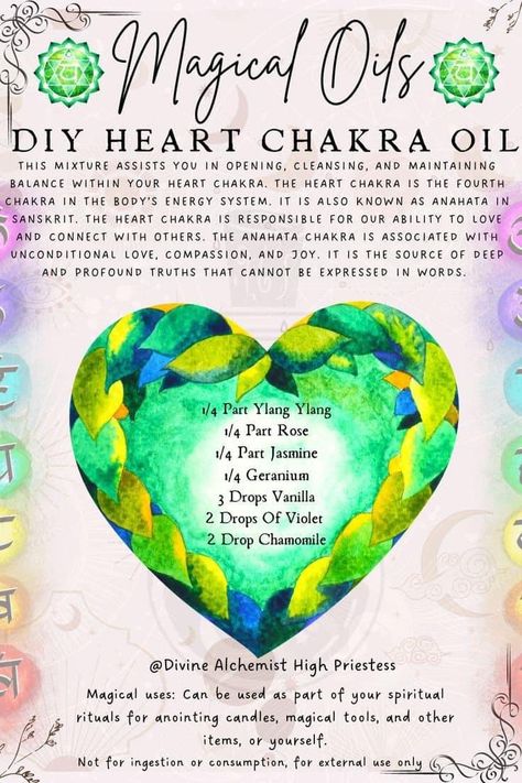 Chakra Oils, Essential Oils For Chakras, Energy Stones Crystal Healing, Magical Oils, Magick Oil, Candle Magic Spells, The Heart Chakra, Magickal Herbs, Healing Essential Oils