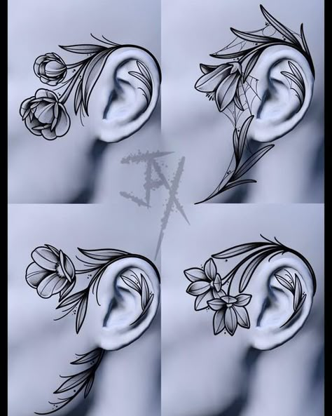 Floral Sideburn Tattoo, Floral Face Tattoo, Back Of The Ear Tattoos, Flower Ear Tattoo, Side Of Face Tattoo, Side Burn Tattoos, Side Of Head Tattoo, Flower Face Tattoo, Side Face Tattoo