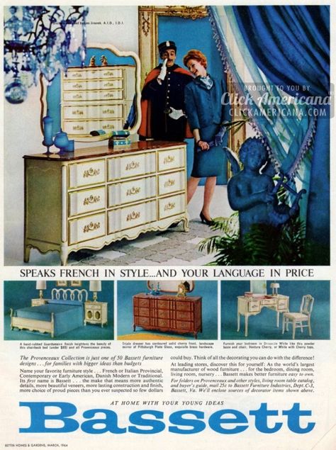 Provencaux bedroom furniture from Bassett (1964) French Provincial Bedroom Set, French Provincial Bedroom, French Provincial Design, Art Deco Bedroom, Furniture Ads, Bassett Furniture, Lemon Cheesecake, Retro Furniture, Retro Home Decor