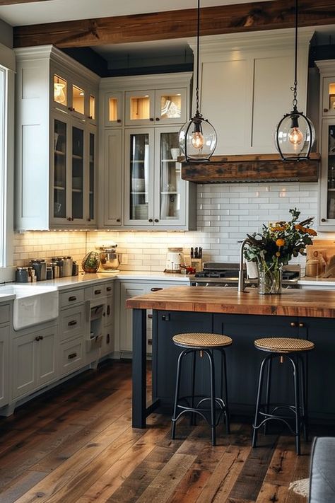 Modern Farmhouse Aesthetic Interior, Simplistic Kitchen Design, Rural Interior Design, Kitchen Remodel No Window, Dark Academia Modern House, Kitchens With Wood Ceilings, Cozy Open Concept Kitchen Living Room, Pnw Kitchen, Country Homes Farmhouse