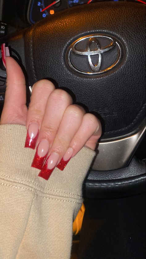 Red Silver And White Nails, Short French Tip Acrylic Nails Square Sparkle, Red French Tip Nails Medium Length, Red Short Acrylic Nails With Rhinestones, Pink Base Red French Tip, Red Sparkle Acrylic Nails, Glittery Red Nails Acrylic, Red Nails Acrylic Sparkle, Red Nail Inspo Acrylic Square