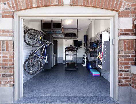 Gym Storage Ideas, Home Gyms Ideas Garage, Organization Garage, Garage Organization Tips, Garage Floor Paint, Home Gym Garage, Small Garage, Diy Garage Door, Garage Remodel