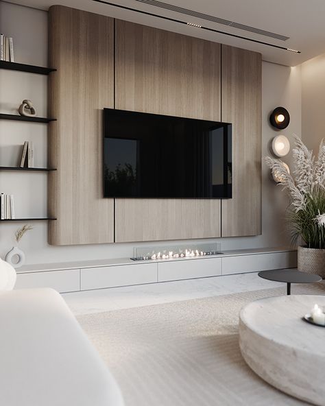 Tv Units Modern Luxury, Living Room Interior Design Modern Minimalist, Feature Wall Ideas Tv, Tv Unit Wall Design Living Room, Bedroom With Tv On Wall, Wall Tv Unit Design Modern, Minimal Tv Wall Design, Contemporary Tv Wall Design, Minimal Tv Unit Design