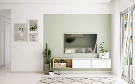 Green And Off White Living Room, Green Tv Wall Living Room, Tv Wall Green, Tv Wall Color Ideas, Interior Wall Colors Living Room, Green Tv Wall, White Green Living Room, Green And White Interior Design, White Living Room Walls