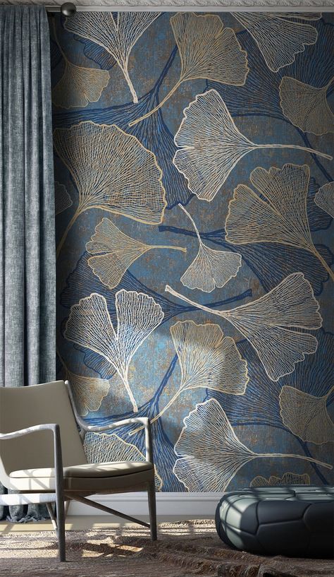 Modern Retro Plant Ginkgo Leaf Wallpaper Pattern Wall Mural | Etsy Wallpaper Bedroom Feature Wall, Hall Wallpaper, Wall Painting Techniques, Removable Wall Murals, Stick On Wallpaper, Wallpaper Peel And Stick, Ginkgo Leaf, Wallpaper Pattern, Wallpaper Removable