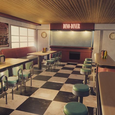 Retro Diner Interior #Blender #substancepainter #3d Retro Seating Area, Retro Diner Interior, Retro Diner Exterior, Retro Diner Aesthetic, 70s Diner, 80s Diner, Diner Interior, 1950's Diner, Old Diner