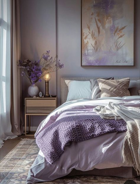 Soft Lavender Bedroom, Lilac And Wood Bedroom, Good Room Colors, Lavendar Bedrooms, Violet Bedroom Ideas, Light Lavender Bedroom, Lavender And Sage Bedroom, Lavender Boho Bedroom, Colors For A Bedroom