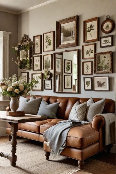 Vintage Photo Wall Collage Living Room, Rustic Picture Wall Ideas, Gallery Wall Antique Frames, Antique Gallery Wall Living Room, Gallery Wall With Round Mirror, Large Gallery Wall Living Rooms, Small Gallery Wall Ideas, Classically Eccentric, Vintage Mirror Aesthetic