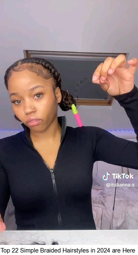 Quick Two Braid Styles Black Hair, How To Do Two Braids With Weave, Simple Hairstyle With Braids, One Pack Braiding Hair Hairstyles, Two Braids With Buns Hairstyle Black Women, Two Braids With Buns At The End, 2 Braids With Braiding Hair, 2 Braided Buns With Curls, How To Do 2 Braids With Weave