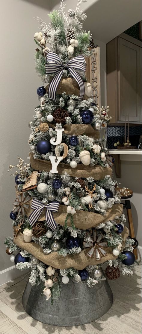 Navy Farmhouse Christmas Tree, Navy Blue Farmhouse Christmas Tree, Blue And Wood Christmas Tree, Navy White Christmas Decor, Farmhouse Blue Christmas Decor, Christmas Navy Blue Decor, Navy Xmas Tree, Blue Buffalo Plaid Christmas Decor, Navy Blue Tree Decorations