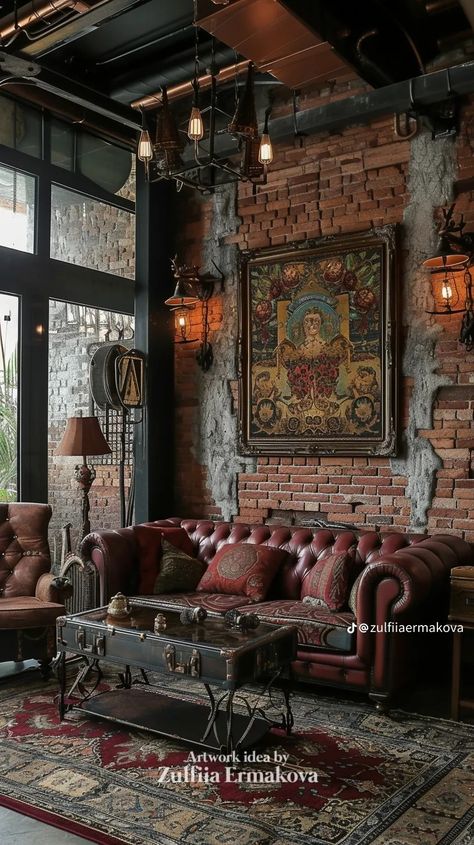 Post Apocalyptic Interior Design, Vintage Warehouse Interior Design, Film Office Work Spaces, Industrial Gothic Interior, Punk Apartment, Steampunk Room Ideas, Steampunk Living Room, Industrial Boho Decor, Loft Aesthetic