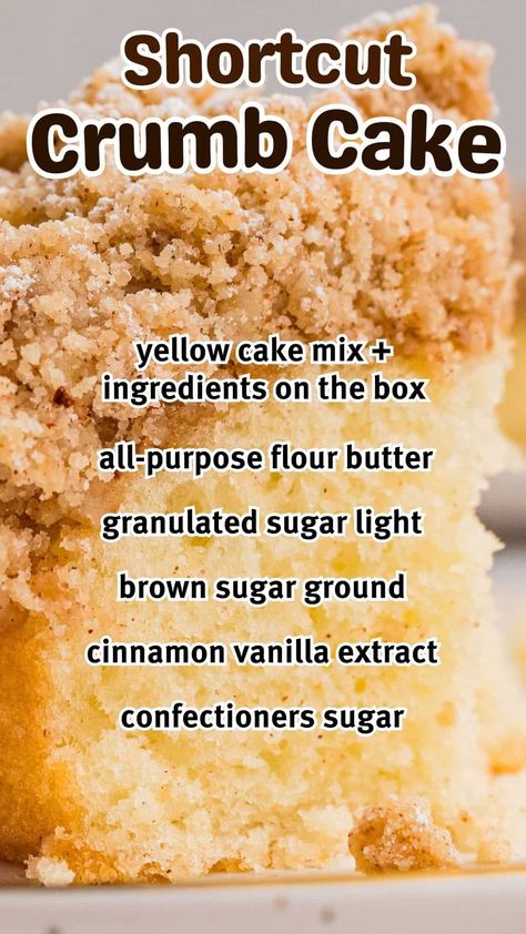 Make an incredible New York style crumb cake with cake mix in minutes with this easy recipe. It’s buttery and moist, with a generous layer of homemade crumb topping that's simply irresistible. If you’re craving the best crumb cake with less fuss, this recipe will be your new go-to! Moist Crumb Cake, Coffee Cake Cake Mix Recipes, Ny Style Crumb Cake, Crumb Coffee Cake Recipes, New York Style Crumb Cake, Butter Cake Mix Ideas, Cake Mix Crumb Cake, Box Cake Desserts Easy, Bread Crumb Recipes