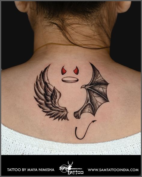 Demon And Angel Wings Tattoo, Devil Baby Tattoo, Angel And Devil Wings Tattoo, Devil Wings Tattoo, Angel And Devil Tattoo, Angel Vs Devil, Angel Back Tattoo, Angel Devil Tattoo, Angel Y Diablo