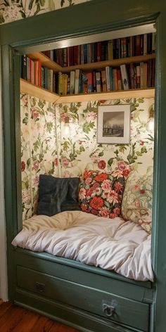 Reading Book In Closet, Closet Reading Nook Diy, Reading Nook For Two, Cozy Reading Corners Bedroom, Closet Converted To Reading Nook, Day Bed Reading Nook, Alcove Reading Nook, Corner Library Nook, Reading Nook Under Loft Bed