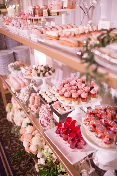 John and Joseph Photography, pink desserts, macarons, small treats, pink roses, mini cakes Pink Themed Dessert Table, Pink Dessert Tables Wedding, Pink Buffet Food, Pink Dessert Table Ideas, Pink Catering Ideas, Pink Finger Food, Dessert Table Pink, Pink Wedding Dessert Table, Pink Catering