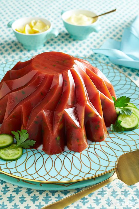 Cucumber-Tomato Aspic | 7 Vintage Jello Recipes That Are Surprisingly Delicious Tomato Aspic, Aspic Recipe, Congealed Salad, Jello Mold Recipes, Pickle Vodka, Vintage Jello, Jello Salads, Gelatin Recipes, Jello Salad