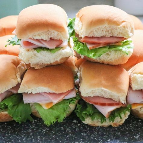 Ham and Turkey Sliders (make-ahead sandwiches for lunch) - Fab Everyday Slider Sandwiches For Party, Cold Ham Sandwiches, Cold Meat Sliders, Deli Sliders Cold, Turkey Party Sandwiches, Ham Party Sandwiches, Ham And Cheese Sandwiches Cold For Party, Slider Sandwiches Cold, Turkey And Ham Sandwiches