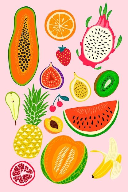 Vector Fruit Illustration, Retro Fruit Illustration, Mango Fruit Drawing, Cute Fruit Illustration, Bujo Lettering, Vegetable Drawing, Fruit Coloring Pages, Fruits Drawing, Fruit Illustration