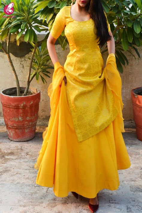 Yellow Brocade Padded Kurta with Yellow Crepe Skirt and Yellow Pure Organza Ruffle Dupatta - Kurti Set Kurti Skirt Set, Kurta And Skirt Set, Yellow Kurta Designs Women, Skirt With Kurti Designs, Skirt And Kurti Indian, Suit With Skirt Indian, Kurti For Haldi Function, Skirt Kurti Designs, Yellow Kurti Design Style