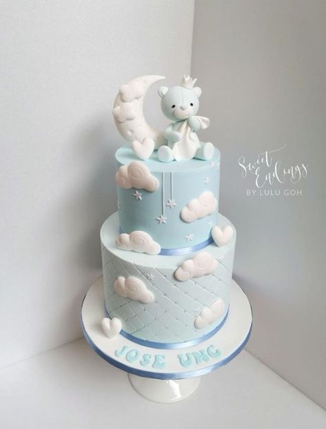 Blue baby bear by Lulu Goh Heaven Sent Baby Shower Cake, Baby Boy Christening Cake, Gateau Baby Shower Garcon, Blue Baby Shower Cake, Bolo Panda, Adorable Elephants, Christening Cake Boy, Baby Boy Birthday Cake, Gateau Baby Shower