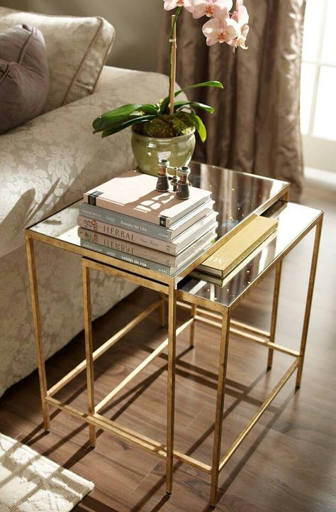 Interior design trends: Gold. Ethan Allen mirror top golden side tables. Golden Side Table, Iron Tables, Layout Portfolio, تصميم الطاولة, Hutch Makeover, Side Table Decor, Apartment Living Room Design, Decor Ikea, Stone Table