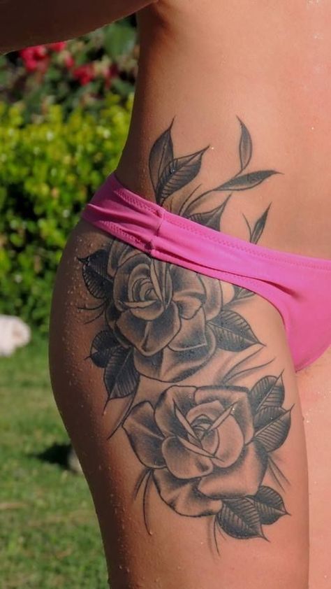 Rose Tattoo On Leg For Women, Rose Tattoo On Hip, Thigh Tattoo Ideas, Tattoo Ideas Inspiration, Tattoos Pinterest, Hip Thigh Tattoos, Cute Hand Tattoos, Beautiful Tattoos For Women, Tattoos For Black Skin