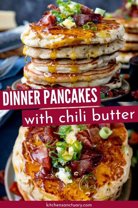 Savoury Dinner Pancakes with Chilli Butter are the ultimate dinner pancake recipe. This is a sweet and savory pancake recipe that is loaded with chorizo, bacon and more. Whip these up for a tasty treat. #bacon #chorizo #dinner #pancakes #savory #recipe #mealtime Chorizo Dinner, Dinner Pancakes, Savoury Pancake Recipe, Savoury Pancakes, Kitchen Sanctuary, Pancakes For Dinner, Savory Recipe, Healty Dinner, Pancakes And Bacon