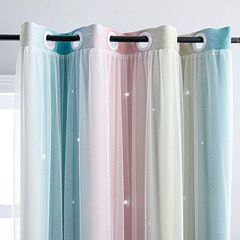 Amazon.com: Ombre Rainbow Blackout Curtains for Kid Girls Bedroom Living Room Darking Stripe Double Layer Star Cut Out Wall Home Decor Gradient Grommet Window Curtains (Pink / Blue, 52W x 63L) : Home & Kitchen Blue Curtains Bedroom, Girls Room Curtains, Curtains Pink, Light Blue Bedroom, Girls Bedroom Curtains, Blackout Curtains Bedroom, Star Cut Out, Striped Curtains