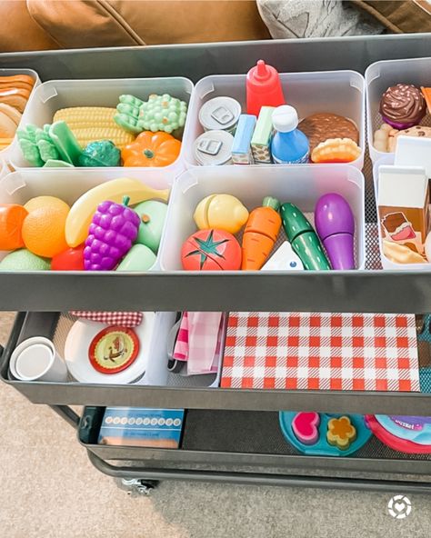 Pretend Kitchen Organization, Toy Food Organization, Play Kitchen Food Storage Ideas, Play Food Organization, Kids Play Kitchen Organization, Toy Kitchen Organization, Play Kitchen Food Storage, Functioning Play Kitchen, How To Organize Play Kitchen Food