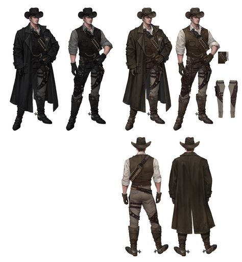 Cowboy Concept Art from Darkness Rises #art #artwork #gameart #gameartwork #videogameart #conceptart #illustration #darknessrises #darkavenger3 #characterdesign #characterart #characterinspiration Baron Character Design, Western Concept Art Character Design, Cowboy Outfit Concept Art, Cowboy Clothes Drawing, Cowboy Black Outfit, Dark Cowboy Outfit, Fantasy Cowboy Outfit, Cowboy Outfit Reference, Cowboy Clothes Reference