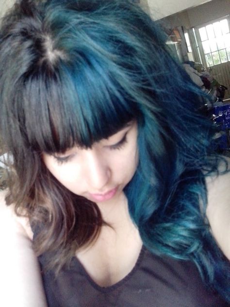 I got the green/blue down. Just need to dye the other half black. Black Teal Hair, Split Dye Blue And Black, Half Brown Half Blue Hair, Half Black Half Blue Hair, Teal Black Hair, Half Blue Half Black Hair, Half Blue Hair, Hairstylist Ideas, Half Colored Hair