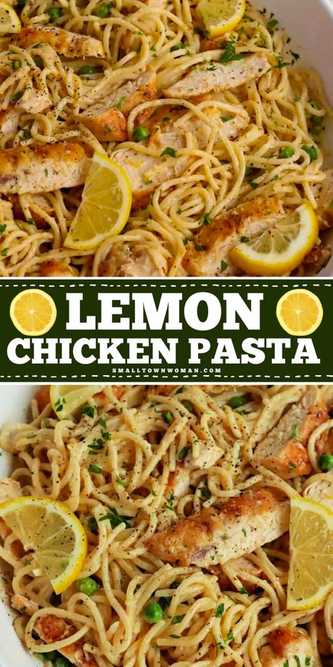 Here's an easy Spring meal to try! This Lemon Chicken Pasta is packed with flavor and is always a hit at the dinner table. It starts with lemon pepper chicken breasts and served with creamy lemon spaghetti. Add this recipe to your Springtime dinner ideas! Dairy Free Chicken And Pasta Recipes, Lemon Baked Ziti With Chicken, Lemon Spaghetti With Chicken, Pasta Lemon Chicken, Chicken Supper Ideas Healthy, Lemon Piccata Chicken Pasta, Dinner Ideas Not Pasta, Spaghetti Ideas Dinners, Quick Non Dairy Dinner