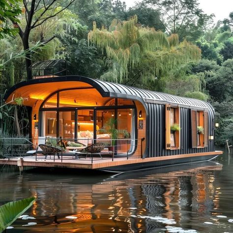 Houseboat Living Interiors, Small Eco House, Boat House Interior, Houseboat Living, Floating Architecture, Architecture Blueprints, House Boats, Small House Floor Plans, Lake Living