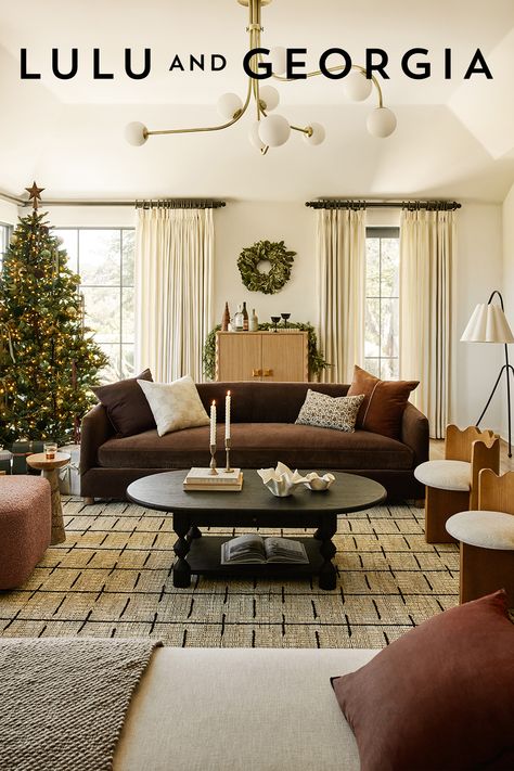 A beautiful blend of warm touches and signature design moments bring comfort to sophistication in this holiday edit. Shop the festive living room look. Modern Traditional Style, Holiday Living Room, Sarah Sherman, Neutral Bedding, Bright Living Room, Lulu And Georgia, Cozy Holiday, Traditional Bedroom, Outdoor Dining Furniture