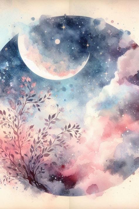 Night Sky Tattoos, Watercolor Night Sky, Library Girl, Moon Artwork, Artwork Inspiration, Watercolor Sky, Watercolor Projects, Moon Painting, Celestial Art