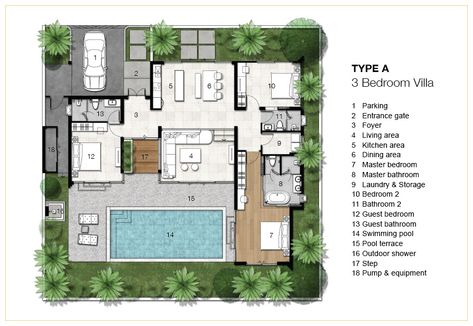 Trichada Villas specifications | quality, master and villa sizes Villa Site Plan Design, Bali Villa Floorplan, Bali Style Villa, Site Development Plan, Site Plan Design, Resort Design Plan, Resort Plan, Small Villa, Villa With Pool