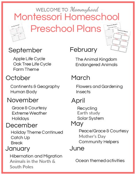 Montessori at Home Preschool Plans - Free Unit Study Printable (4-5 yrs) Montessori Lesson Plans Template, Montessori Lesson Plan, Pre K Homeschool, Montessori Lesson Plans, At Home Preschool, Pre K Lesson Plans, Home Preschool, Montessori At Home, Babysitting Activities