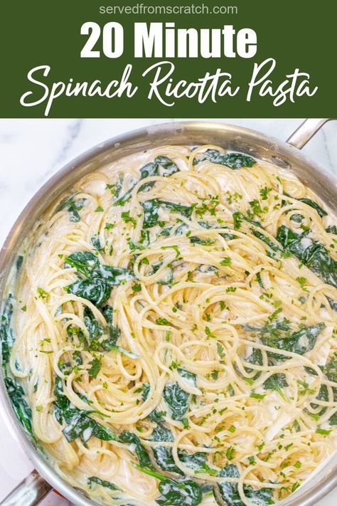 a pan with spaghetti with cream sauce and spinach with Pinterest pin text. Spinach And Ricotta Pasta, Fast Pasta, Spinach Ricotta Pasta, Creamy Cheesy Pasta, Ricotta Sauce, Spaghetti With Spinach, Parmesan Cheese Sauce, Homemade Ricotta, Spinach And Ricotta