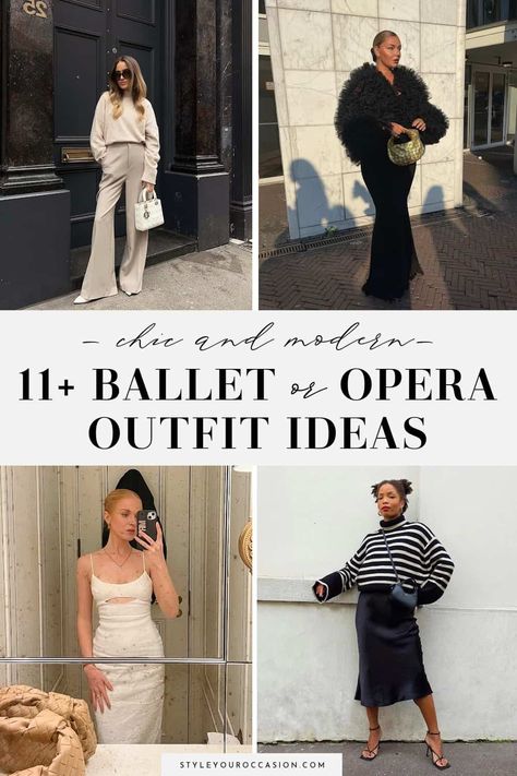 Wondering what to wear to the ballet? Or, what to wear to the opera? These classy ballet outfit ideas and theatre outfit ideas are perfect for every season from winter to summer, whether you are going to a ballet performance or show, an theatre matinee, or a night at the opera. You can also find out what to wear to the Nutcracker ballet if you are so lucky to go! What To Wear To The Ballet Outfits, Attending Ballet Outfit, Ballet Guest Outfit Winter, Going To The Symphony Outfit, Ballet Event Outfit, Symphony Outfit Ideas, Outfits For Going To The Theatre, What To Wear To The Theater Winter, Outfits To Wear To A Ballet Show