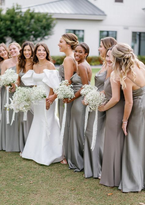 Satin Grey Bridesmaid Dresses, Silver Wedding Bridesmaid Dresses, Charcoal Gray Bridesmaid Dresses, Slate Gray Bridesmaid Dresses, Slate Grey Bridesmaid Dresses, Grey Groomsmen Suits With Bridesmaids, Light Gray Bridesmaid Dresses, Gray Wedding Theme, Bridesmaid Dresses Gray